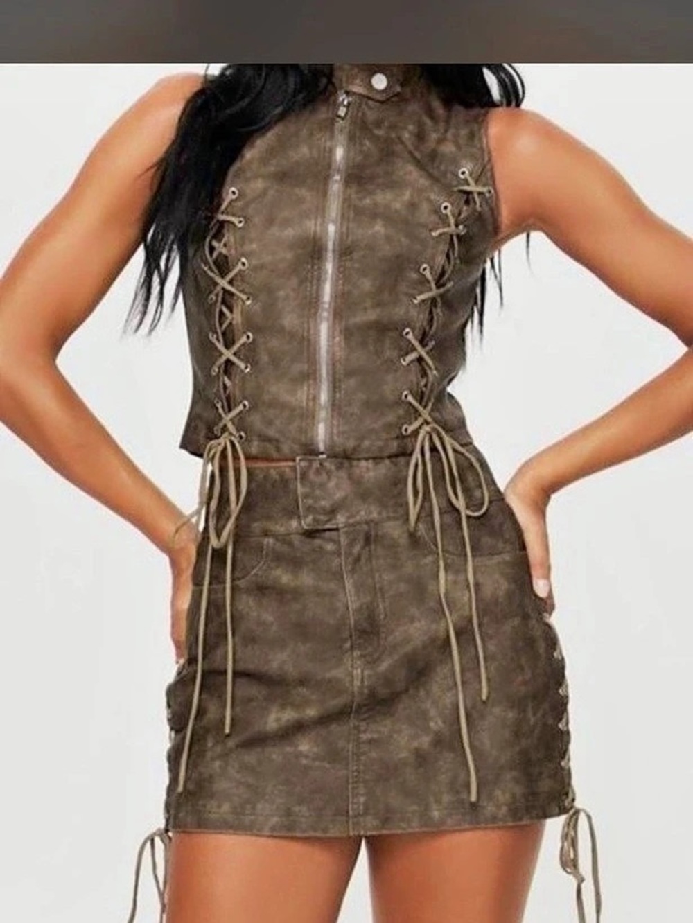 Princess Polly Ceejay Faux Leather Mini Skirt Ceejay Brown Lace-Up US 2